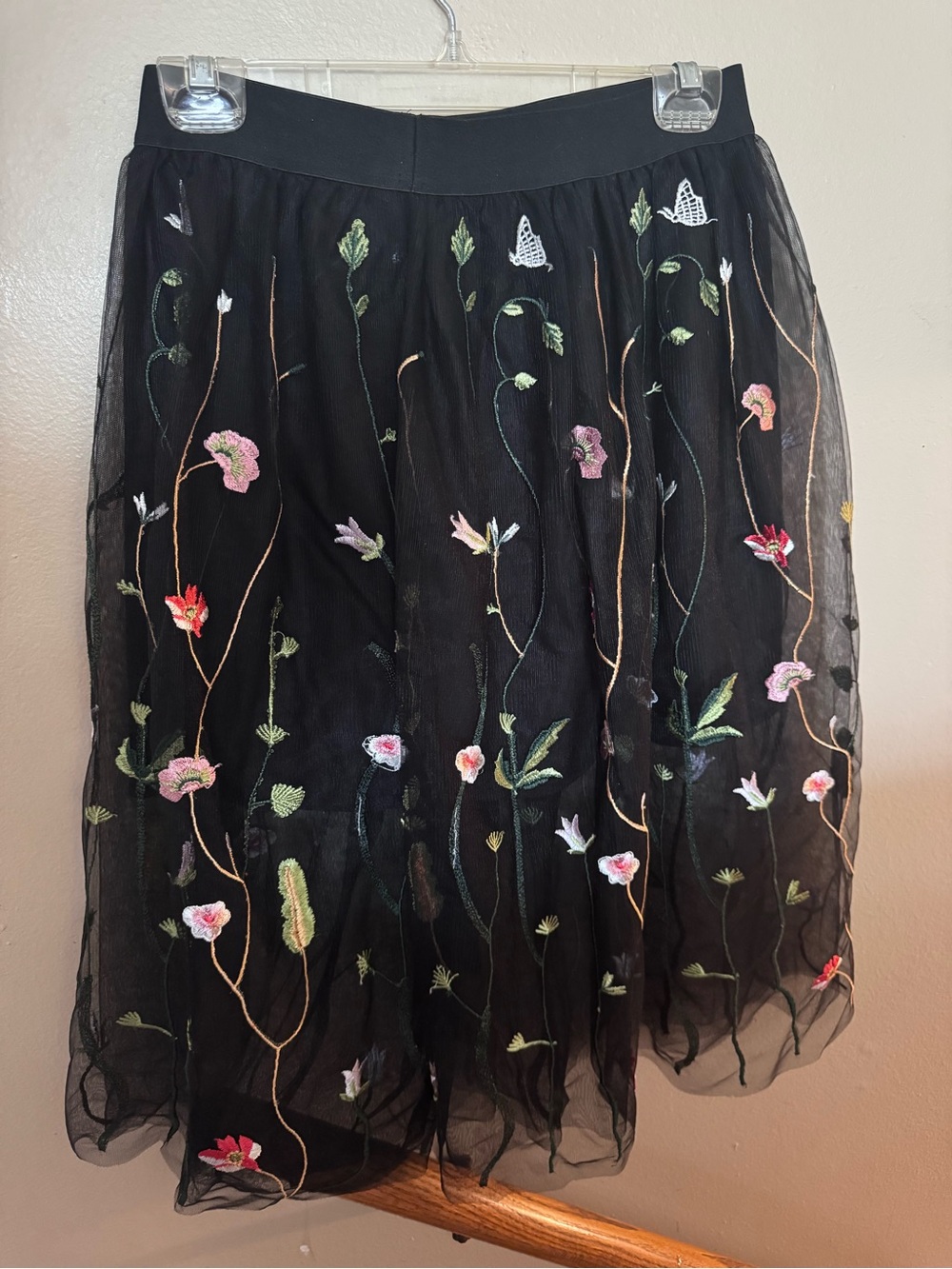 Black Embroidered Floral Tulle Skirt